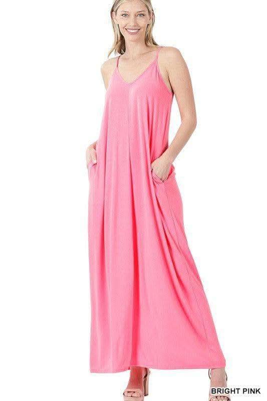 ZENANA V-Neck Cami Maxi Dress with Side Pockets, Multiple Colors in BRIGHT PINK L - Dresses photo