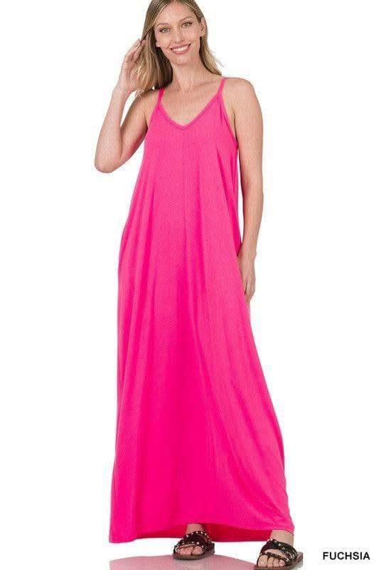ZENANA V-Neck Cami Maxi Dress with Side Pockets, Multiple Colors - SwagglyLife Home & Fashion