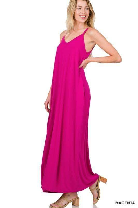 ZENANA V-Neck Cami Maxi Dress with Side Pockets, Multiple Colors - SwagglyLife Home & Fashion
