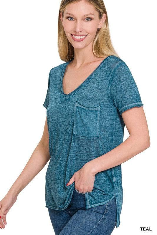 ZENANA Washed Melange Burnout Scoop V-Neck Top - SwagglyLife Home & Fashion