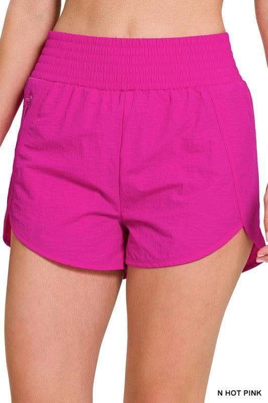 ZENANA Windbreaker Smocked Waistband Running Shorts, 4 Colors in N HOT PINK - Activewear photo