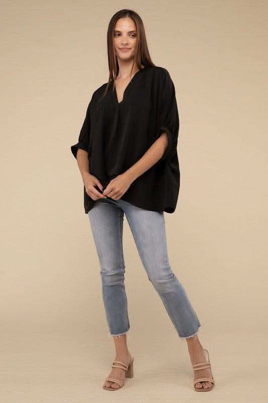 ZENANA Woven Airflow V-Neck Puff Half Sleeve Top - SwagglyLife Home & Fashion