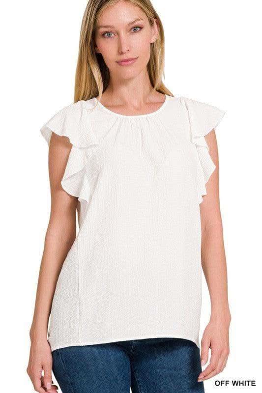 ZENANA Woven Bubble Airflow Flutter Sleeve Top in OFF WHITE - Shirts & Tops photo