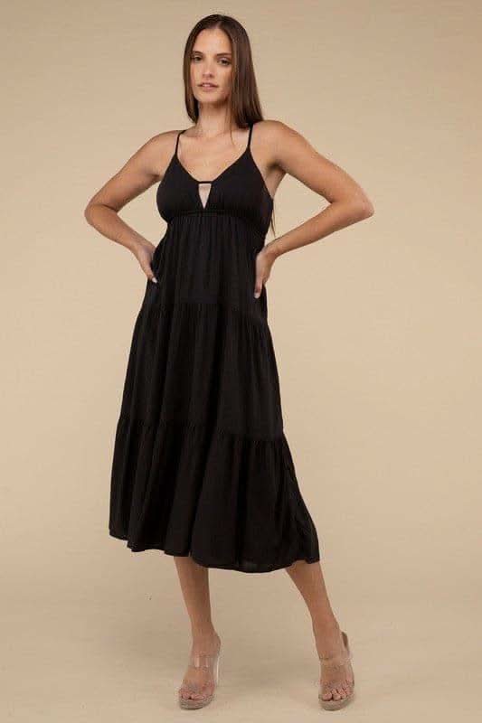 ZENANA Woven Sweetheart Neckline Tiered Cami Midi Dress - SwagglyLife Home & Fashion