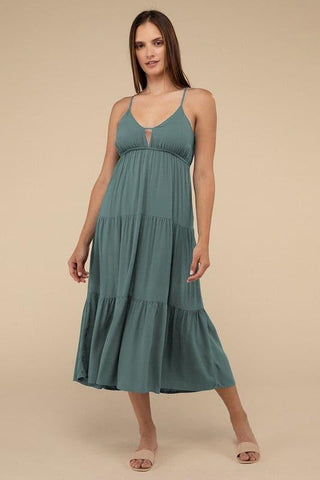 ZENANA Woven Sweetheart Neckline Tiered Cami Midi Dress - SwagglyLife Home & Fashion