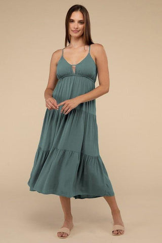 ZENANA Woven Sweetheart Neckline Tiered Cami Midi Dress - SwagglyLife Home & Fashion