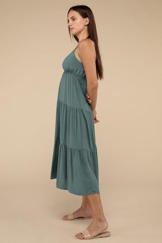 ZENANA Woven Sweetheart Neckline Tiered Cami Midi Dress - SwagglyLife Home & Fashion