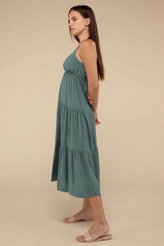 ZENANA Woven Sweetheart Neckline Tiered Cami Midi Dress - SwagglyLife Home & Fashion