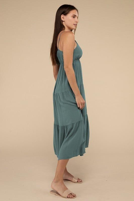 ZENANA Woven Sweetheart Neckline Tiered Cami Midi Dress - SwagglyLife Home & Fashion