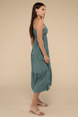 ZENANA Woven Sweetheart Neckline Tiered Cami Midi Dress - SwagglyLife Home & Fashion