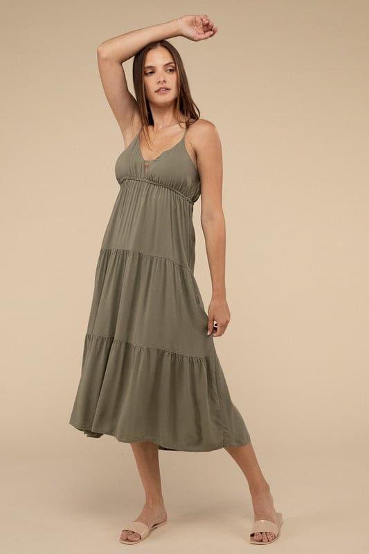 ZENANA Woven Sweetheart Neckline Tiered Cami Midi Dress - SwagglyLife Home & Fashion