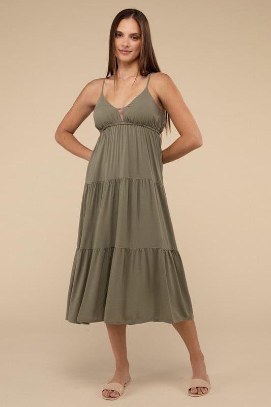 ZENANA Woven Sweetheart Neckline Tiered Cami Midi Dress - SwagglyLife Home & Fashion
