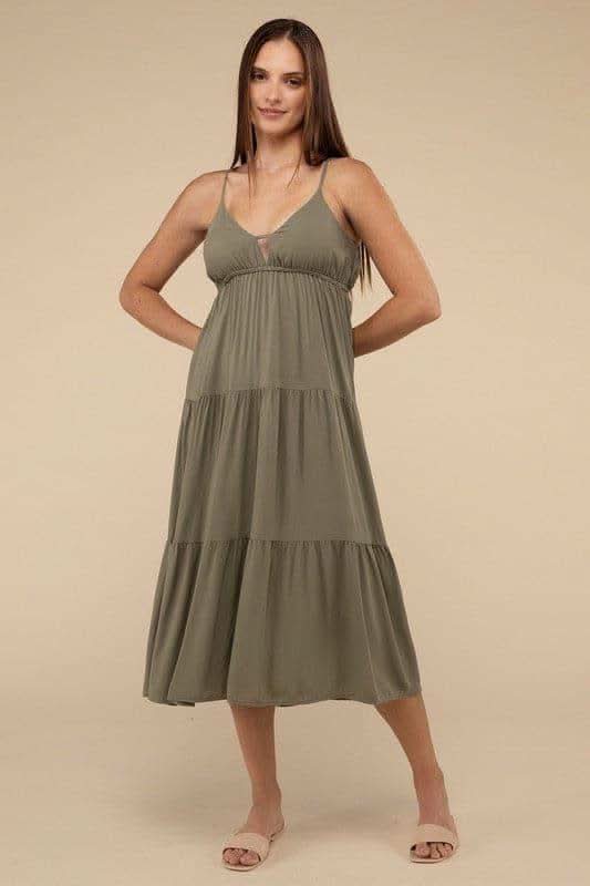 ZENANA Woven Sweetheart Neckline Tiered Cami Midi Dress - SwagglyLife Home & Fashion