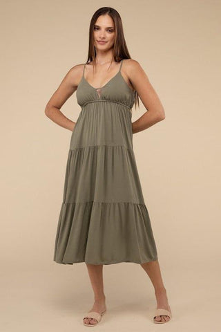 ZENANA Woven Sweetheart Neckline Tiered Cami Midi Dress - SwagglyLife Home & Fashion