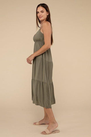 ZENANA Woven Sweetheart Neckline Tiered Cami Midi Dress - SwagglyLife Home & Fashion