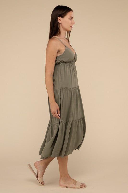 ZENANA Woven Sweetheart Neckline Tiered Cami Midi Dress - SwagglyLife Home & Fashion