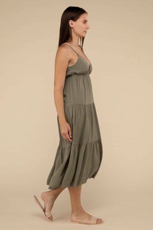 ZENANA Woven Sweetheart Neckline Tiered Cami Midi Dress - SwagglyLife Home & Fashion