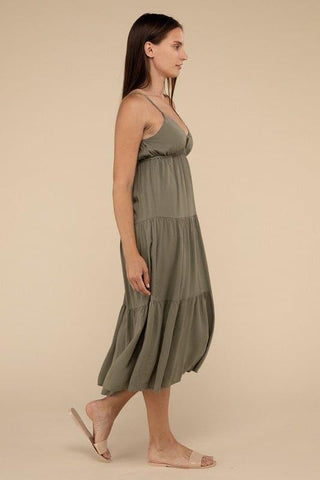ZENANA Woven Sweetheart Neckline Tiered Cami Midi Dress - SwagglyLife Home & Fashion