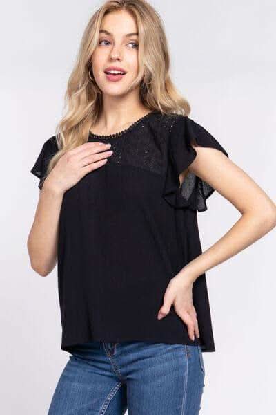 ACTIVE BASIC Ruffle Short Sleeve Crochet Blouse in - Shirts & Tops photo