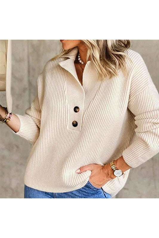Alice Collared Neck Rib-Knit Top in Ivory - Shirts & Tops photo