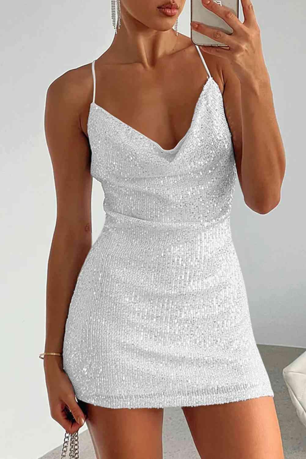 Amanda Cowl Neck Contrast Sequin Sleeveless Mini Dress - SwagglyLife Home & Fashion