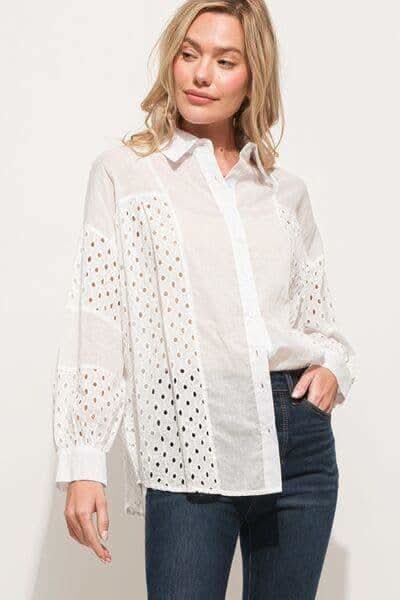 And The Why Eyelet Long Sleeve Button Down Shirt in WHITE - Shirts & Tops photo