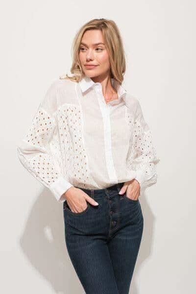 And The Why Eyelet Long Sleeve Button Down Shirt in - Shirts & Tops photo