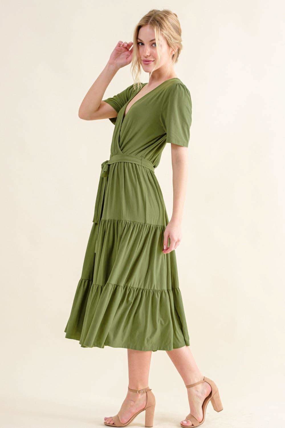 And The Why Soft Short Sleeve Tiered Midi Dress - SwagglyLife Home & Fashion