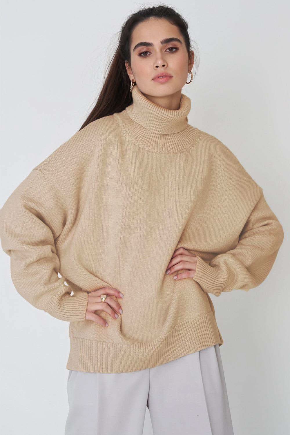 Angela Turtle Neck Dropped Shoulder Sweater, Multiple Colors - SwagglyLife Home & Fashion