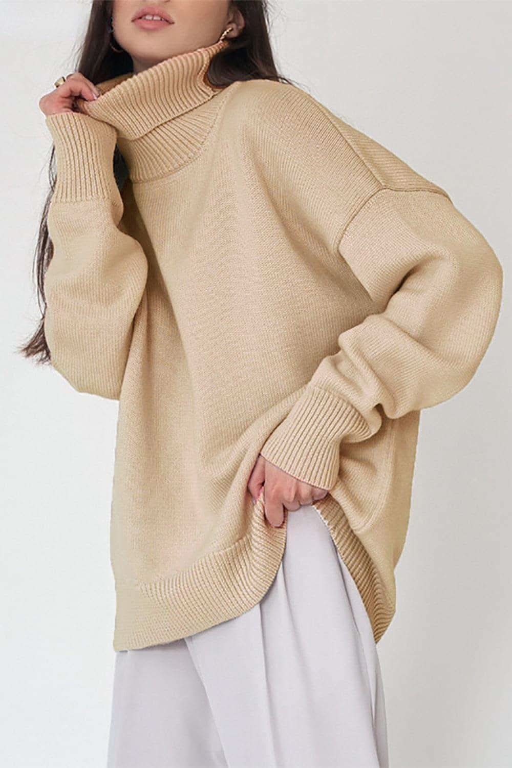 Angela Turtle Neck Dropped Shoulder Sweater, Multiple Colors - SwagglyLife Home & Fashion