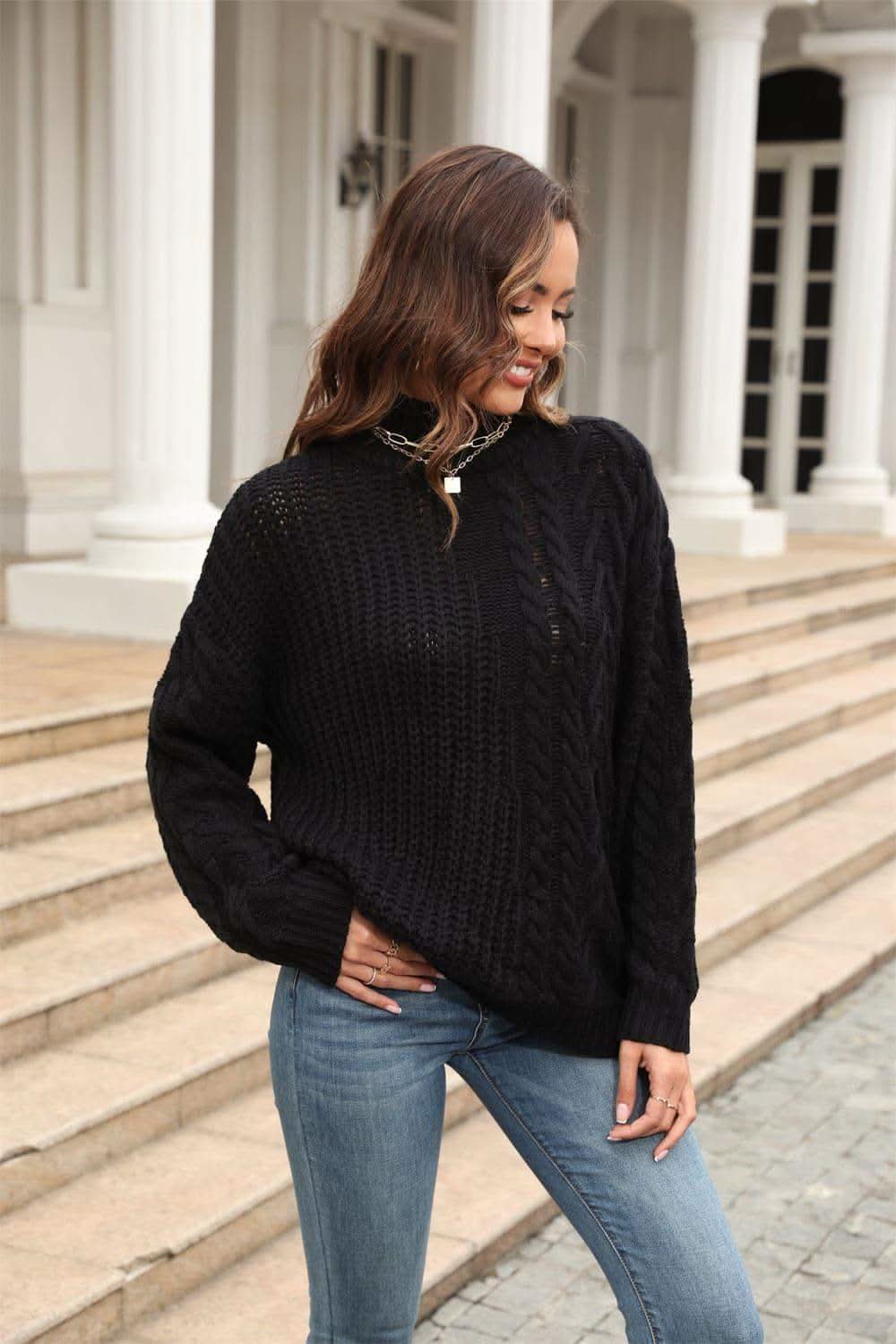 Angie Cable-Knit Turtle Neck Long Sleeve Sweater, 3 Colors - SwagglyLife Home & Fashion