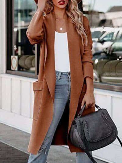 Angie Open Front Dropped Shoulder Outerwear in Caramel - Coats & Jackets photo