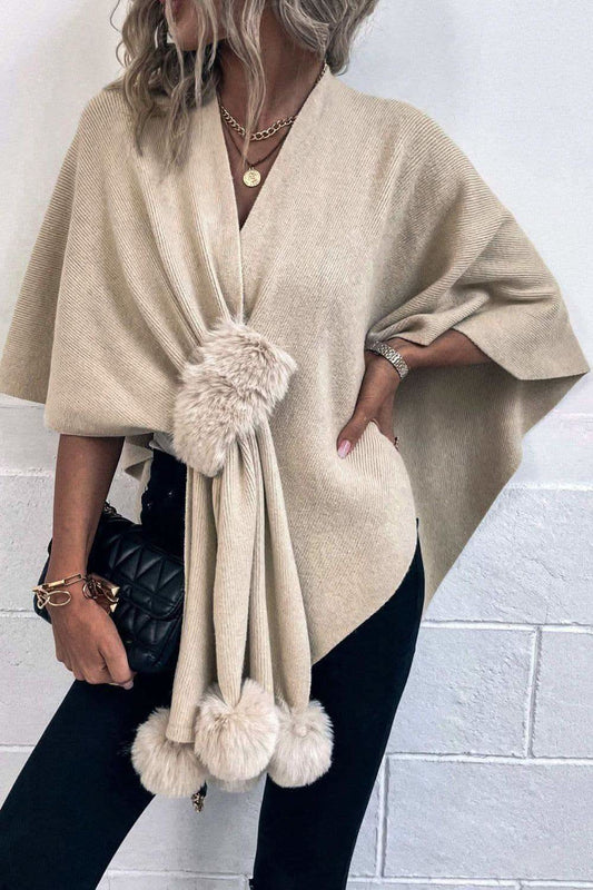 Angie Surplice Neck Pom-Pom Trim Poncho, 5 Colors in Ivory One Size - Shirts & Tops photo