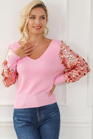Sequin Long Sleeve V-Neck Sweater - SwagglyLife Home & Fashion