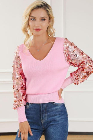 Sequin Long Sleeve V-Neck Sweater - SwagglyLife Home & Fashion