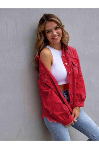 Distressed Drop Shoulder Denim Jacket - SwagglyLife Home & Fashion