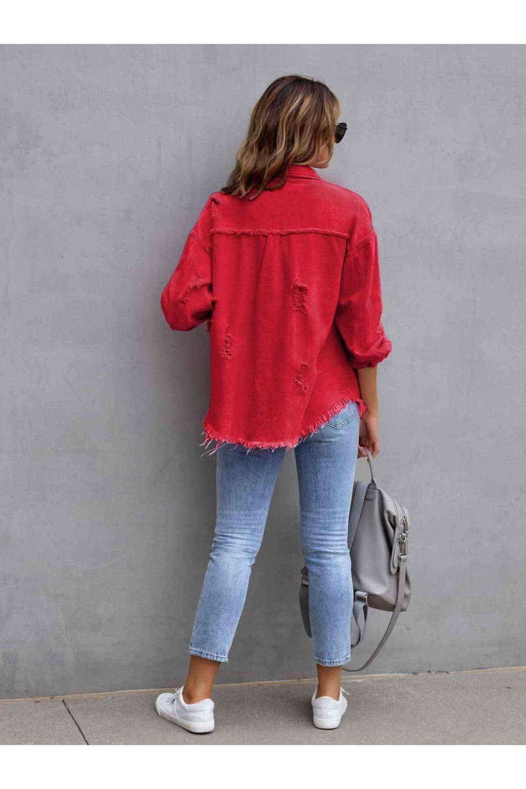 Distressed Drop Shoulder Denim Jacket - SwagglyLife Home & Fashion