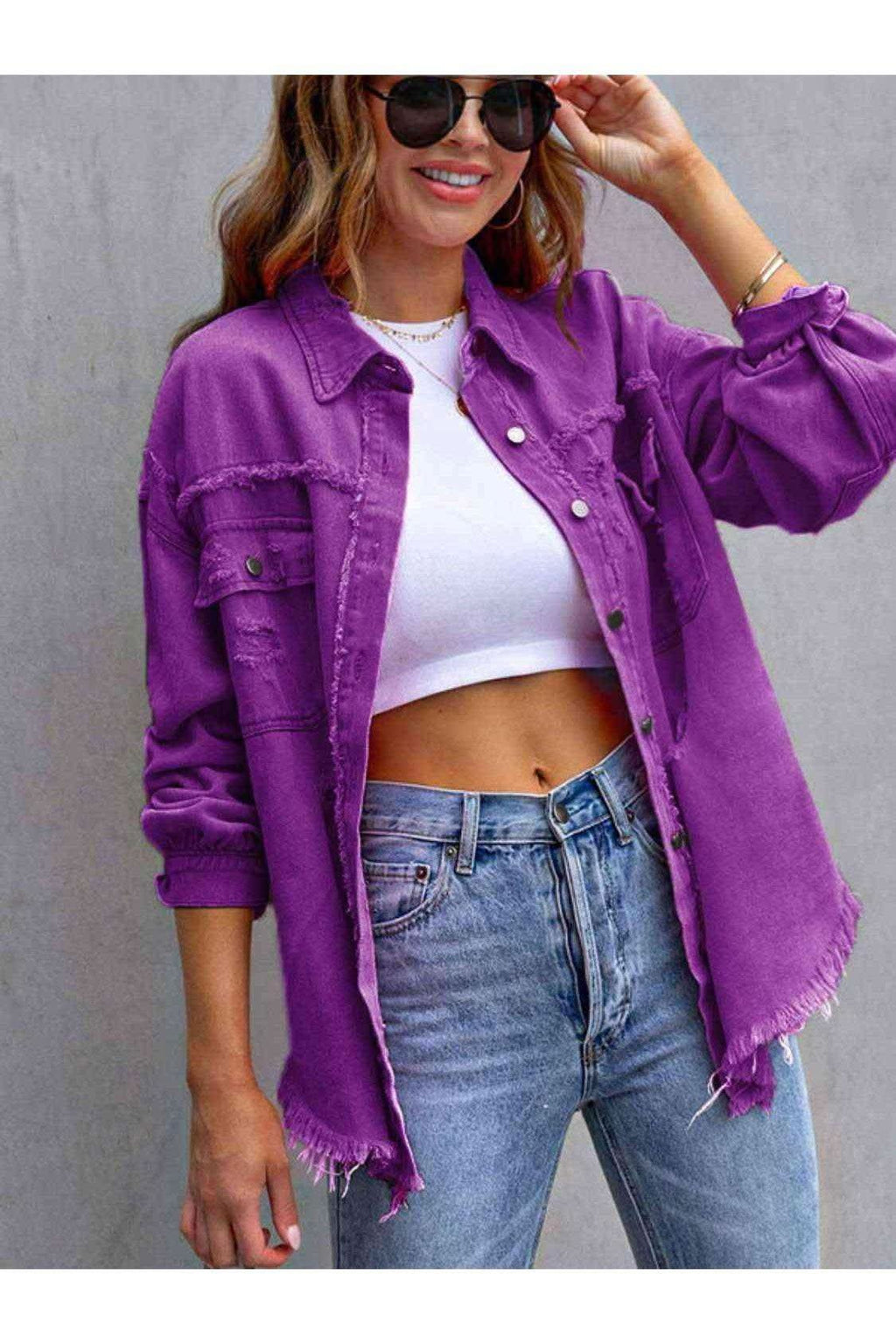 Distressed Drop Shoulder Denim Jacket - SwagglyLife Home & Fashion