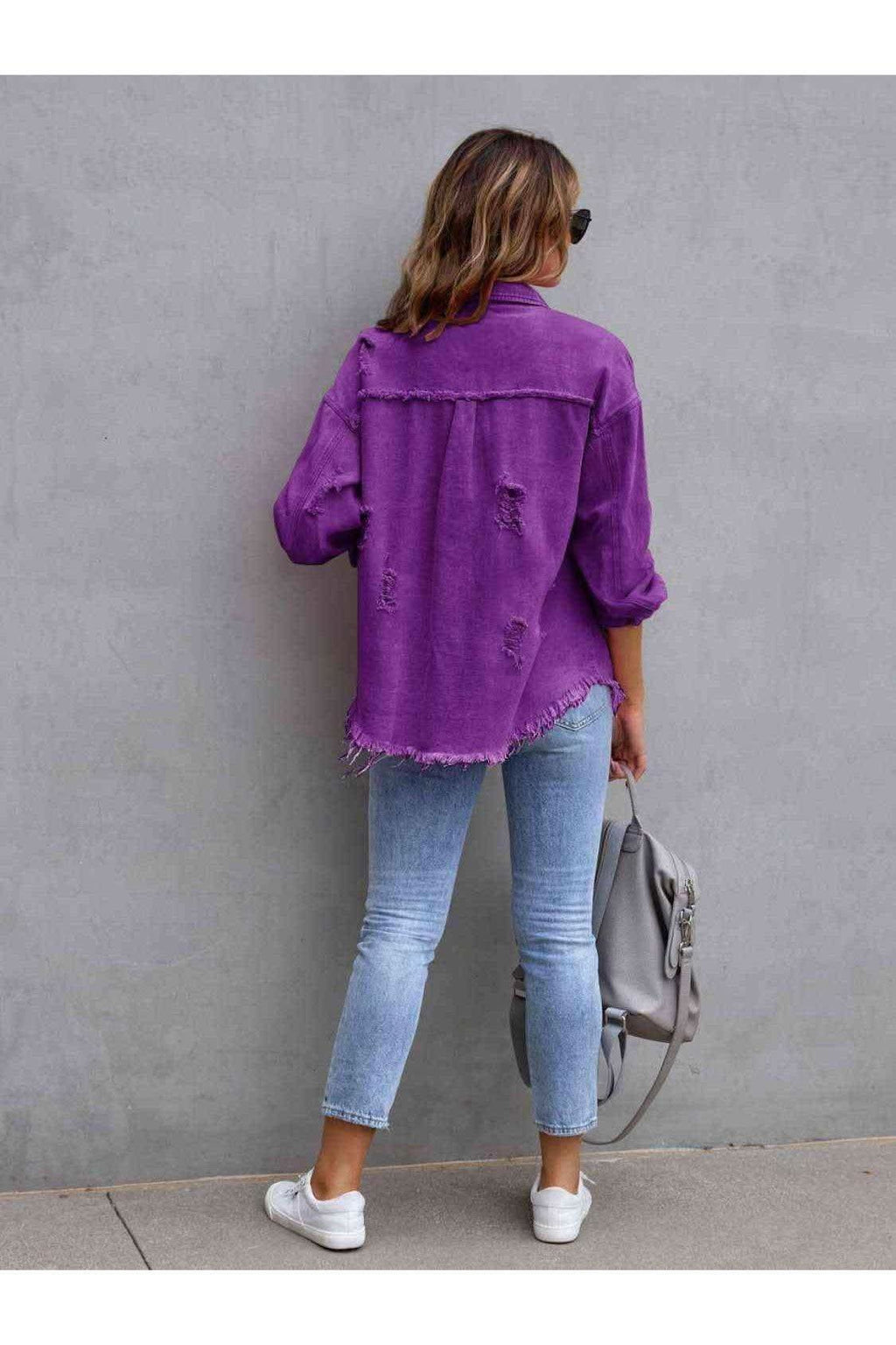 Distressed Drop Shoulder Denim Jacket - SwagglyLife Home & Fashion