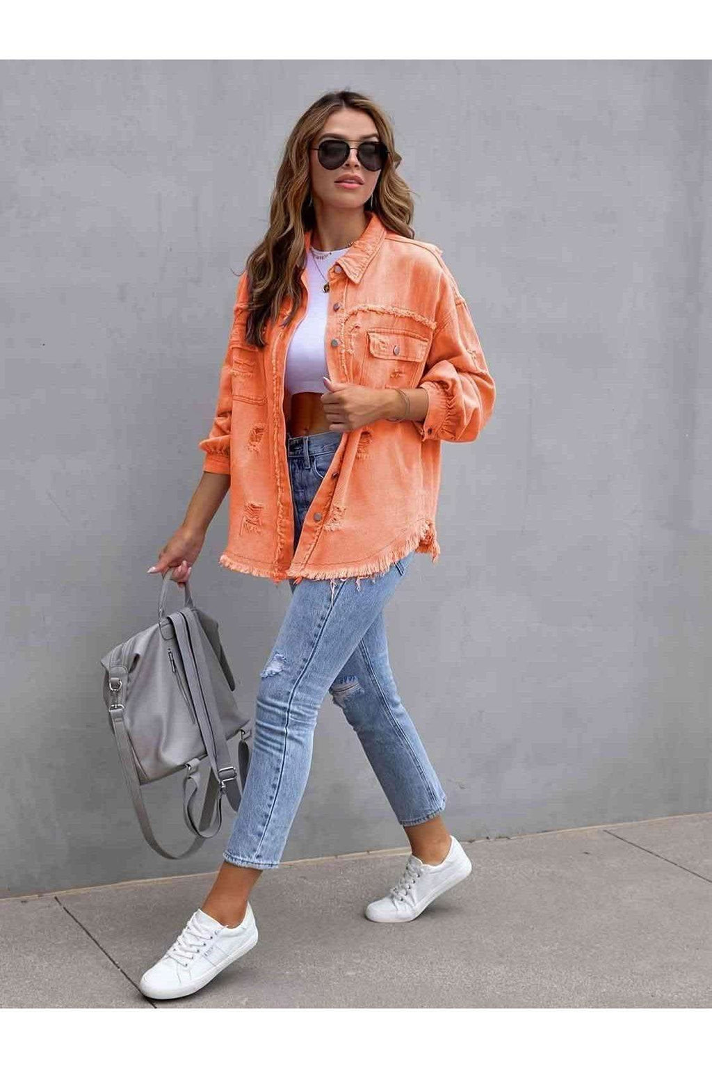 Distressed Drop Shoulder Denim Jacket - SwagglyLife Home & Fashion