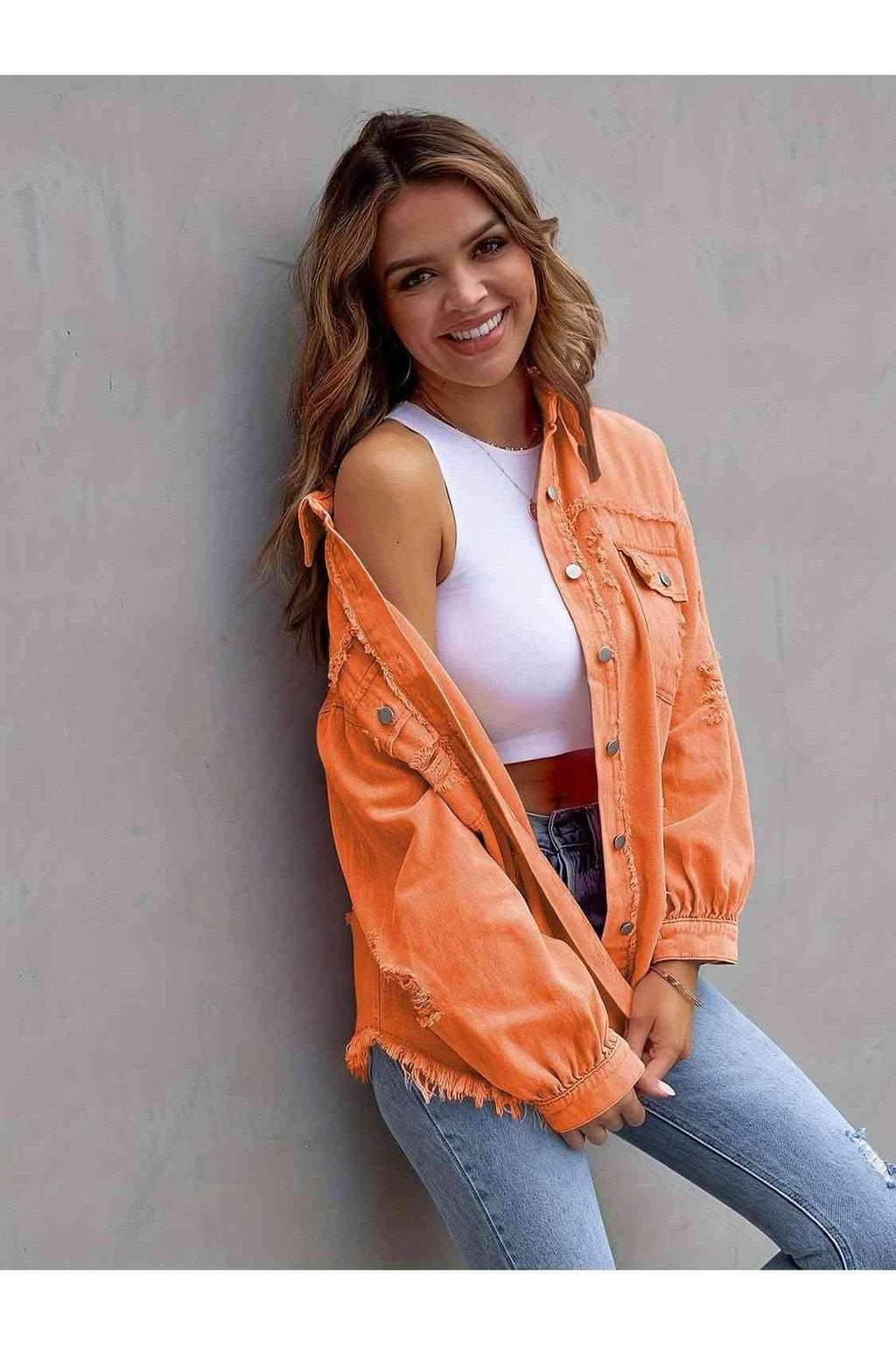 Distressed Drop Shoulder Denim Jacket - SwagglyLife Home & Fashion
