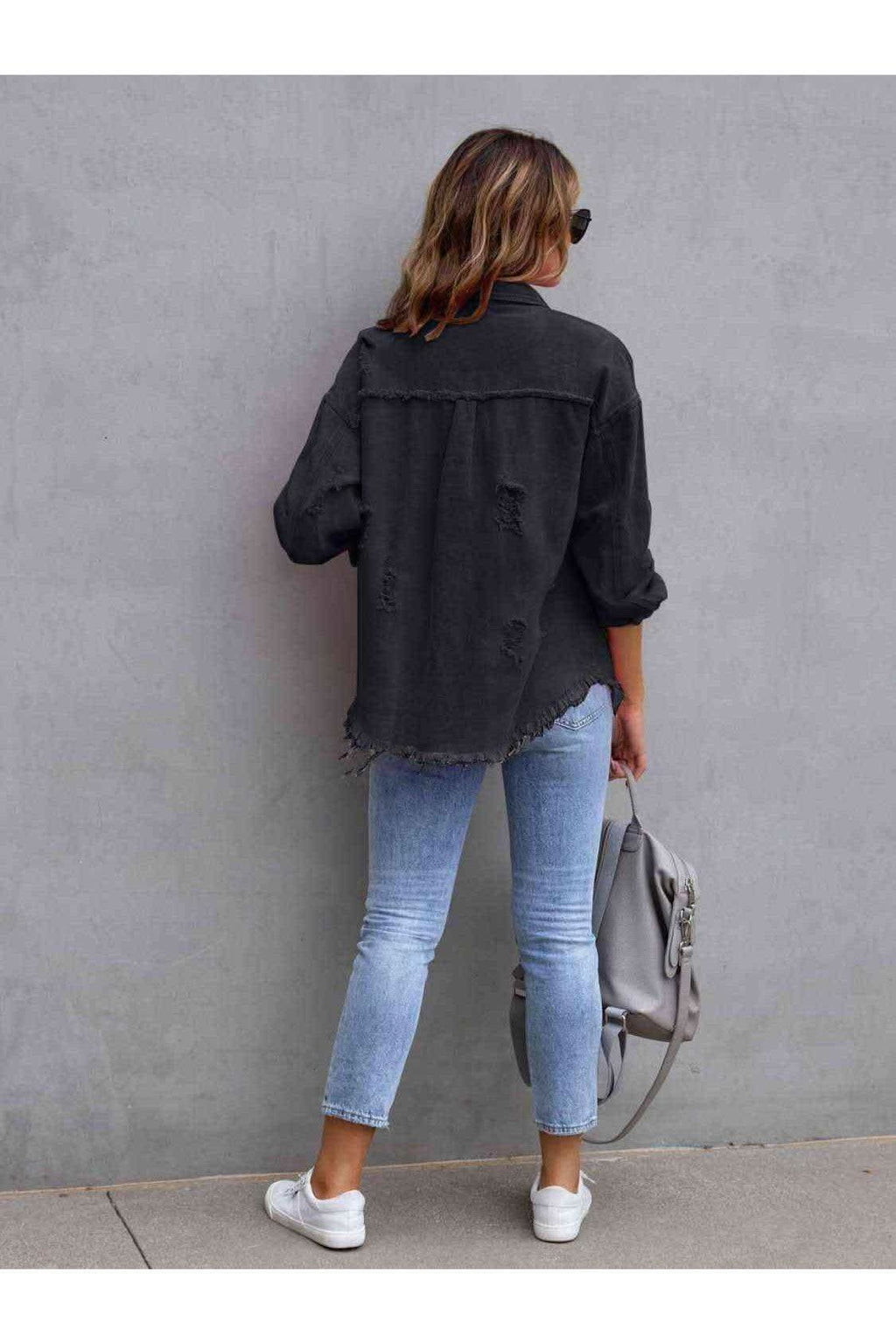 Distressed Drop Shoulder Denim Jacket - SwagglyLife Home & Fashion