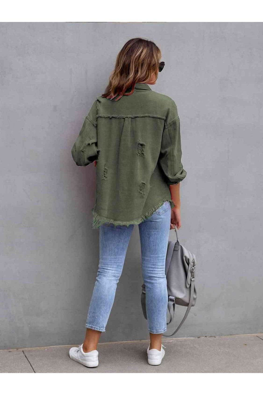 Distressed Drop Shoulder Denim Jacket - SwagglyLife Home & Fashion