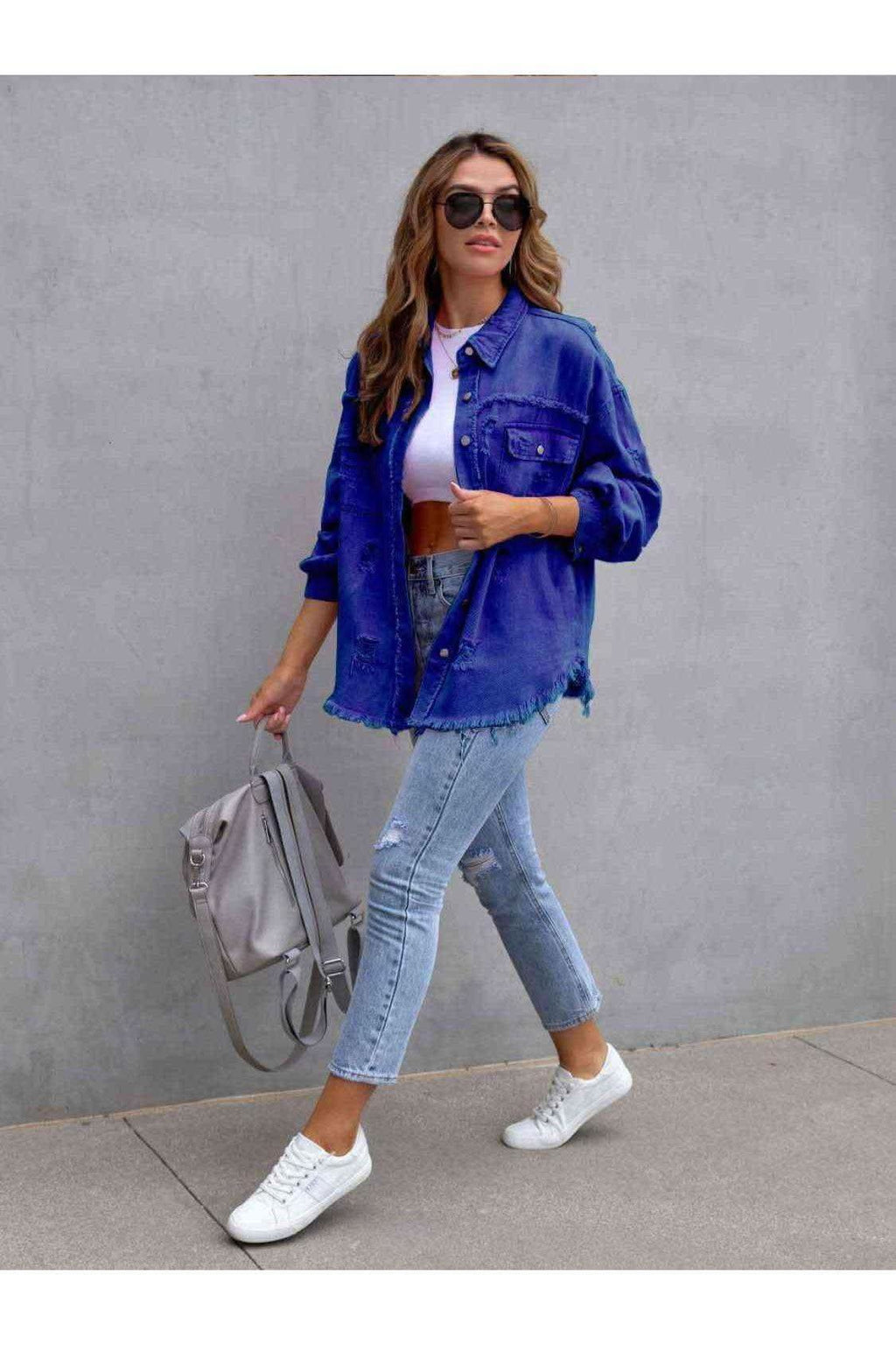 Distressed Drop Shoulder Denim Jacket - SwagglyLife Home & Fashion