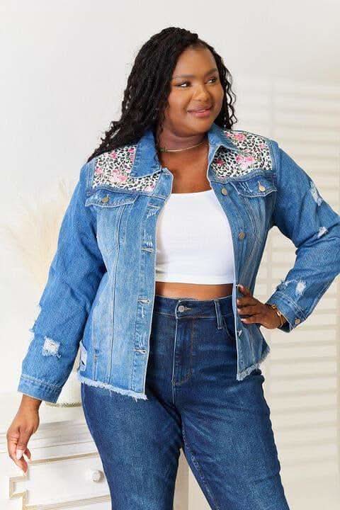 Baeful Leopard Floral Distressed Raw Hem Denim Jacket - SwagglyLife Home & Fashion