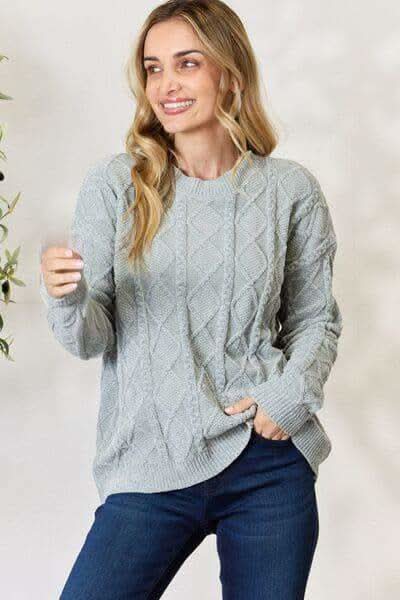 BiBi Cable Knit Round Neck Sweater in Dust Sage - Shirts & Tops photo