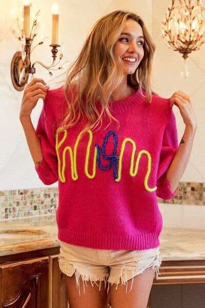 BiBi MOM Contrast Round Neck Sweater in FUCHSIA - photo