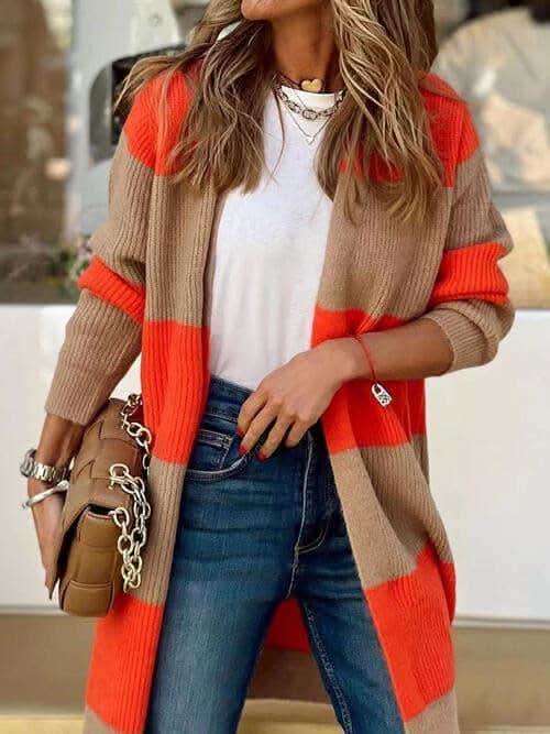 Brooklyn Contrast Open Front Long Sleeve Cardigan in Red Orange - Shirts & Tops photo