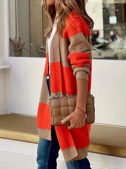 Brooklyn Contrast Open Front Long Sleeve Cardigan in - Shirts & Tops photo