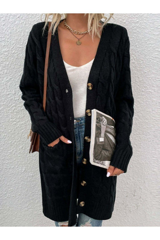 Cable-Knit Button Down Cardigan with Pockets, Multiple Colors in Black - Shirts & Tops photo